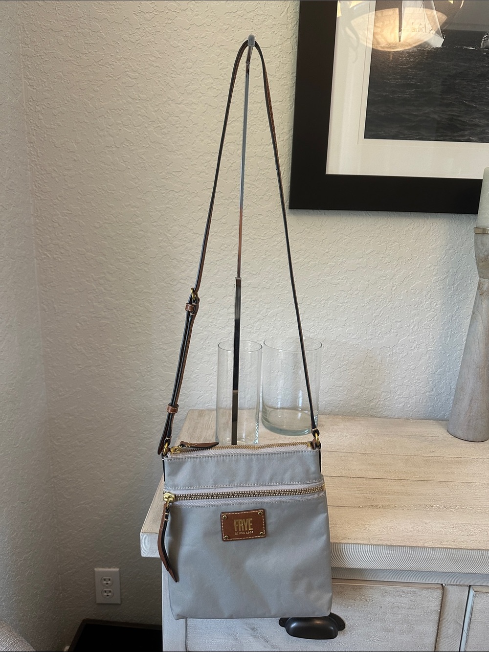Frye Ivy Crossbody Pouch Grey Nylon with Leather Trim EUC
